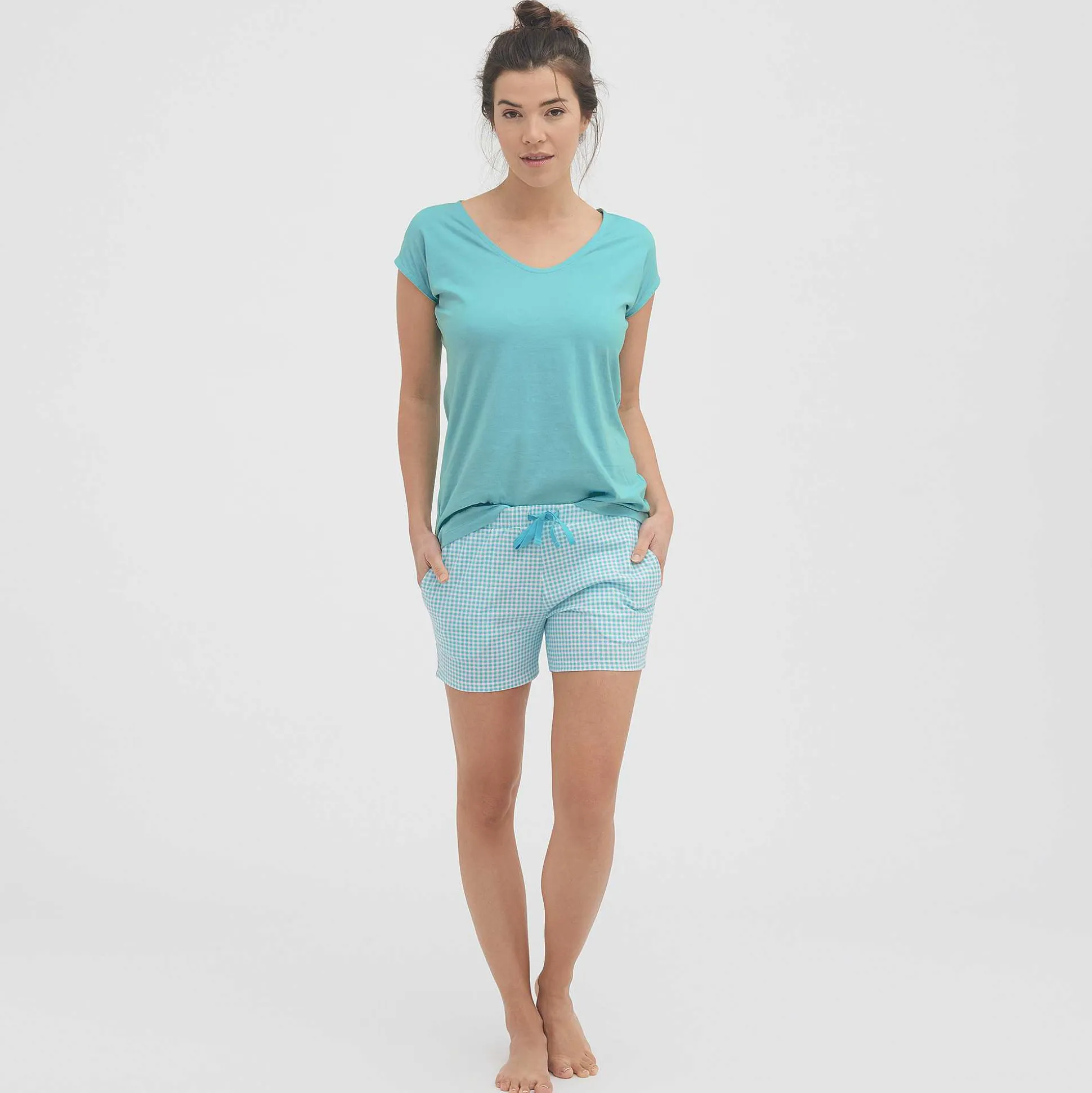 LIVING CRAFTS Kylie – Schlafshorts Vichy-Lagune Sale